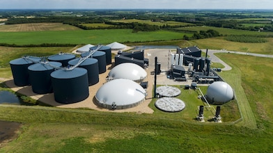 Areial shot of Shell Korskro Biogas plant showing all the biogas reactors and facilities that is required to produce biogas 
