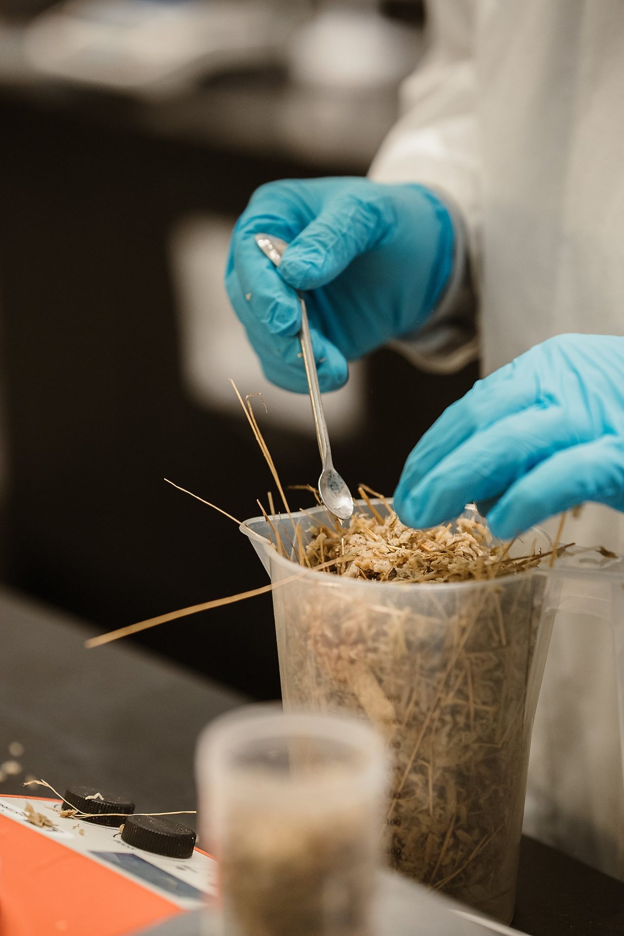 Hands wearing gloves testing straw in a lab