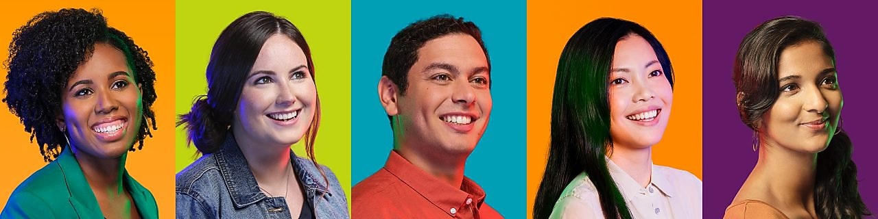 Five smiling Shell employees looking to the future